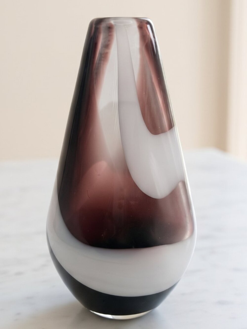 Vintage Murano Style Amethyst Purple White Swirl Art Glass Flower Bud Vase 6"